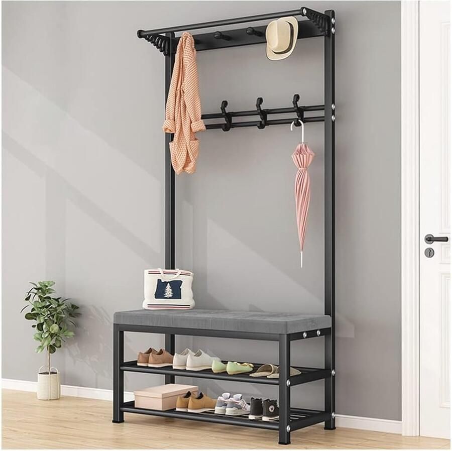 Industriële 4-in-1 kapstok met schoenenbank en opbergplank voor de entree