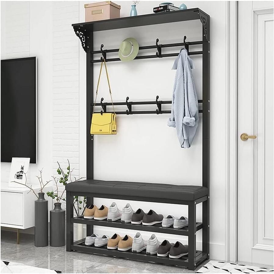 Industriële 4-in-1 Kapstok met Schoenenbank en Opbergplanken voor de Entree