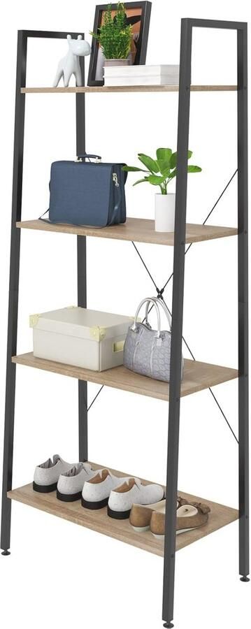 Industriële 4-Tier Opbergplanken Ladder Boekenkast met Zwart Metalen Frame en Licht Eiken Planken 60x35x148CM