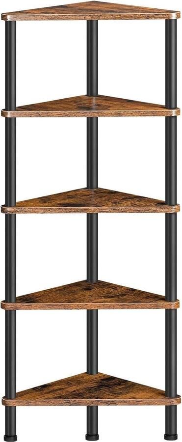 Industriële 5-laags wandhoek boekenplank Hoekplank met metalen frame Standaard display plant bloem hoek boekenkast Kleine ruimtes slaapkamer woonkamer Rustiek bruin