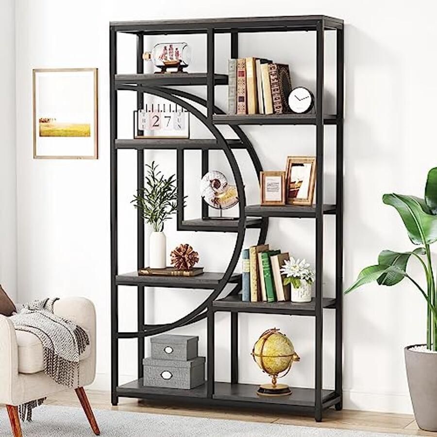 Industriële 5-Tier Etagere Boekenkast met Vrijstaande Hoge Boekenplanken