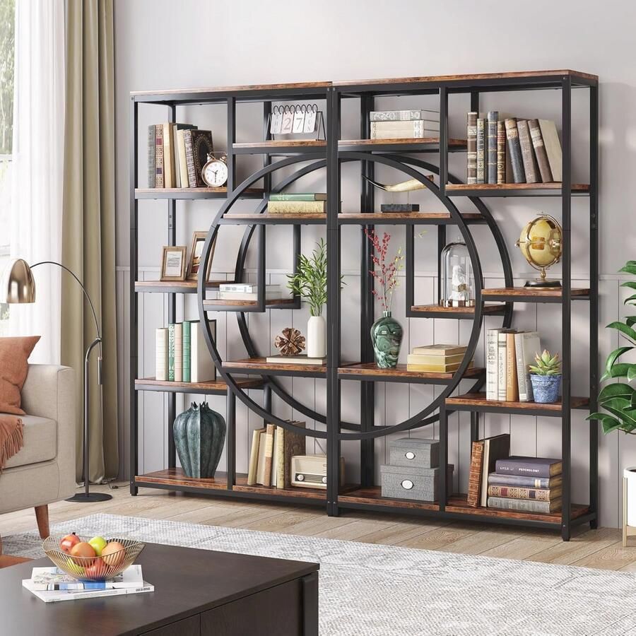 Industriële 5 Tier Etagere Boekenkast Vrijstaande Hoge Boekenplanken Display Plank Opslag Organizer met 9-Open Opbergplank voor Woonkamer Slaapkamer en Thuiskantoor 2 Pack