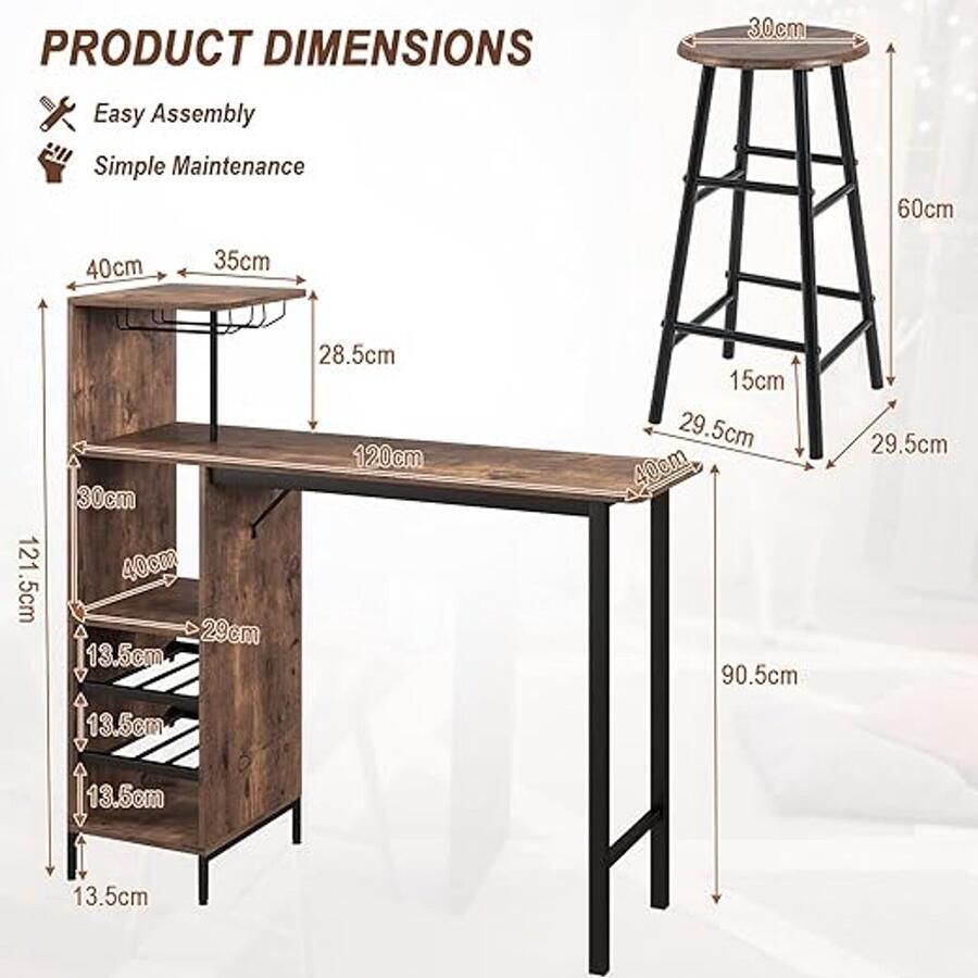 Industriële bartafel met 2 barkrukken – Bistrotafel met wijnglashouders en 6-flessenplank 120x40x121 5 cm