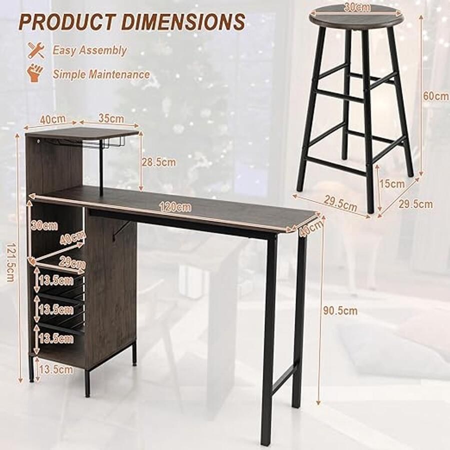 Industriële bartafelset met 2 barkrukken – Eettafel met wijnglashouders en planken voor 6 wijnflessen 120 cm