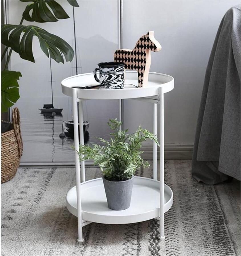 Industriële Bijzettafel Rond 2 Etages Wit Metaal Ø36 x H51 5 cm