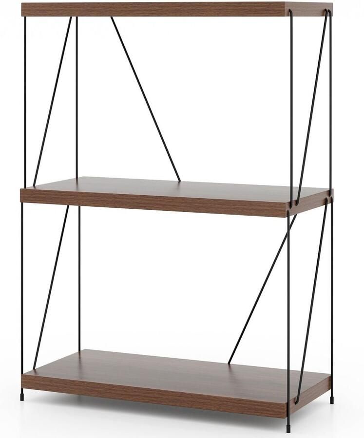 Industriële Boekenkast – 3-Laags Vrijstaande Boekenplank met Metalen Frame en Walnoot Houtnerf Afwerking