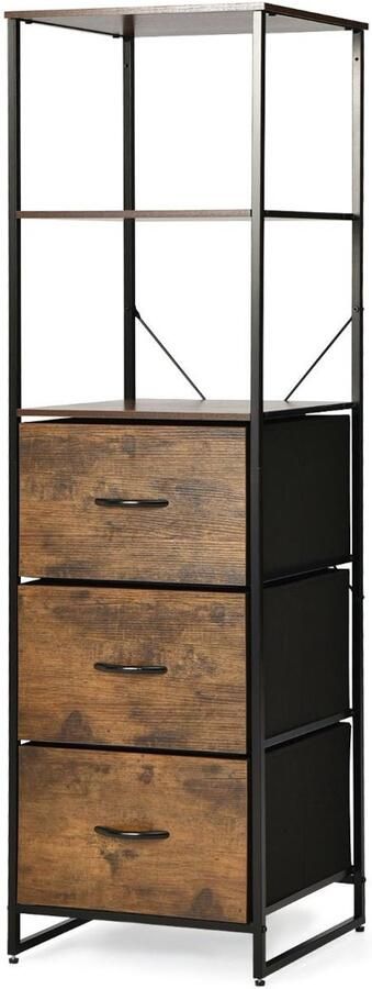 Industriële Boekenkast – 3 Planken en 3 Laden Vrijstaand Opbergmeubel voor Woonkamer