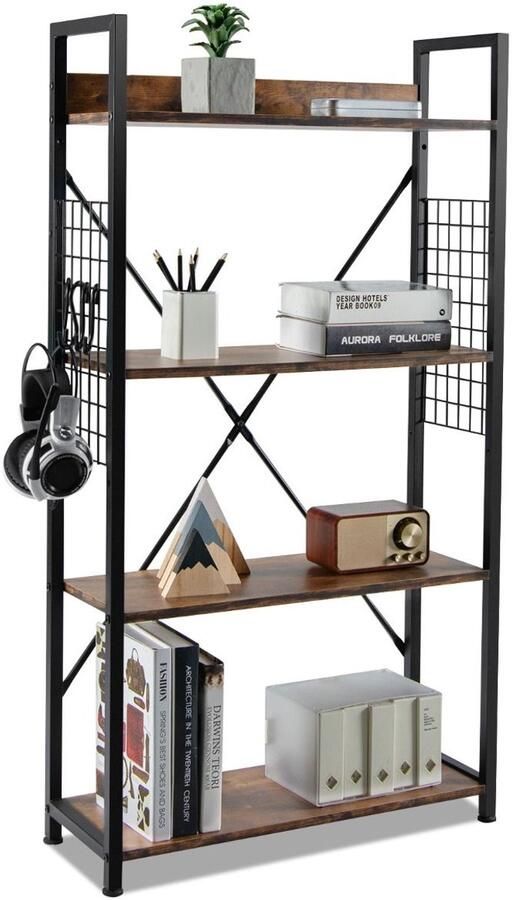 Costway Boekenkast met 4 Niveaus en S-Vormige Haken Multifunctioneel Opbergrek met Anti-Tip-Apparaat Verstelbare Voetkussens Plank Bruin