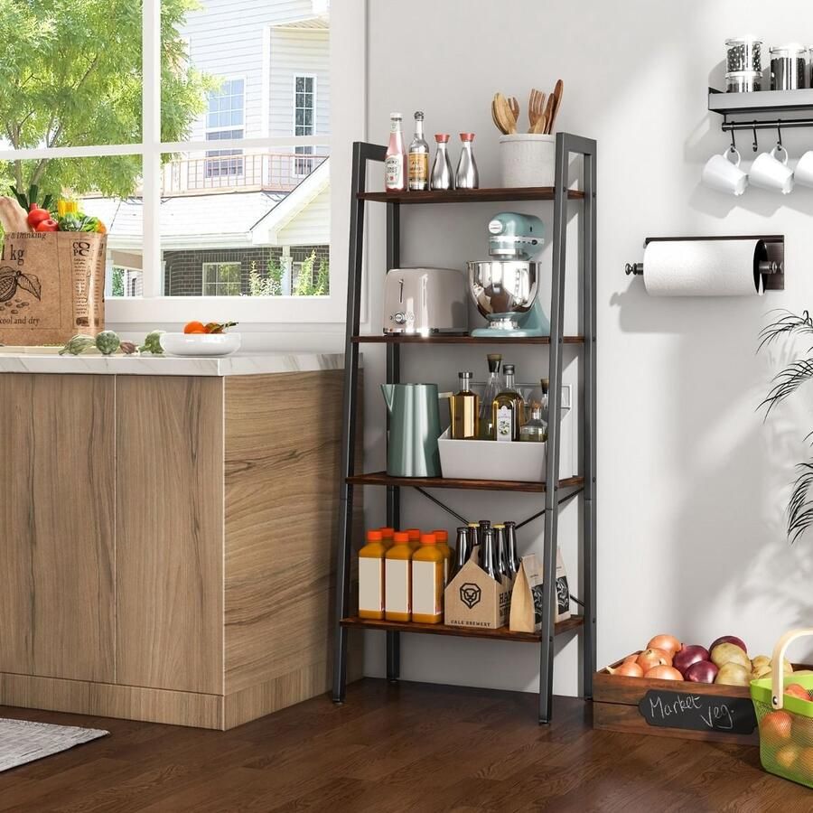 Industriële Boekenkast – 4 Niveaus Opbergplank met Verstelbare Voetkussens & Anti-Tip Apparaat Bruin Zwart