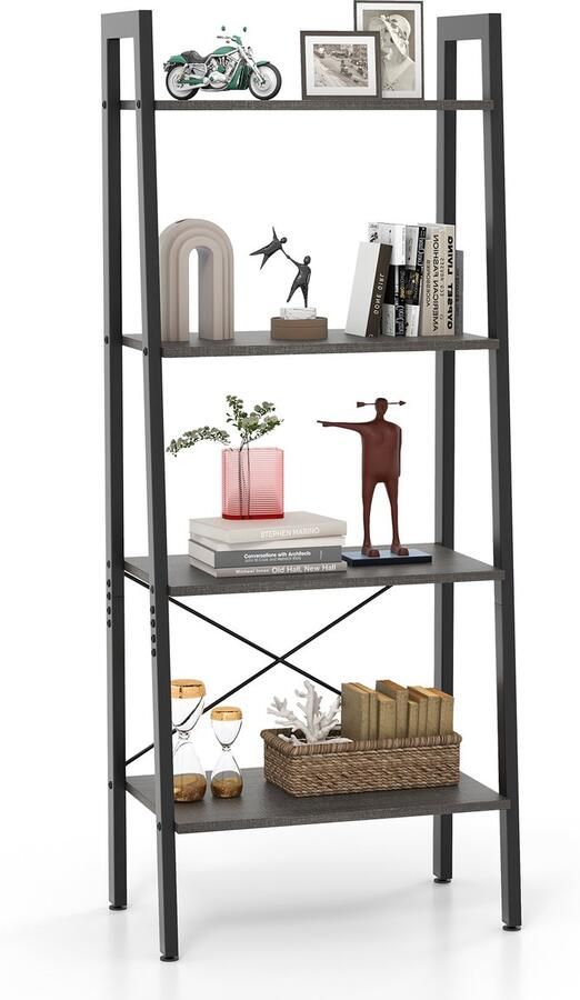 COSTWAY Boekenkast rek met 4 niveaus houten ladderrek met kantelbeveiligingen en verstelbare voetkussens metalen frame voor woonkamer werkkamer en kantoor