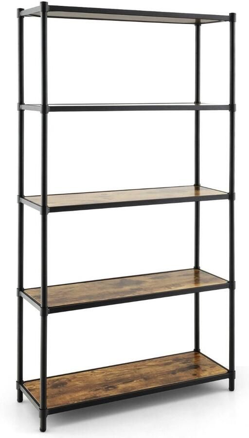 Industriële Boekenkast 5-Lagen 80x29x154 cm – Zwarte Vrijstaande Opbergplank met Verstelbare Poot & Anti-Tip