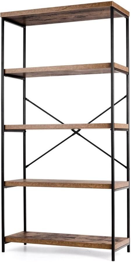 Industriële Boekenkast 5 Lagen – Metalen Frame met Kantelbeveiliging Opbergplank voor Woonkamer of Kantoor Grijs Bruin