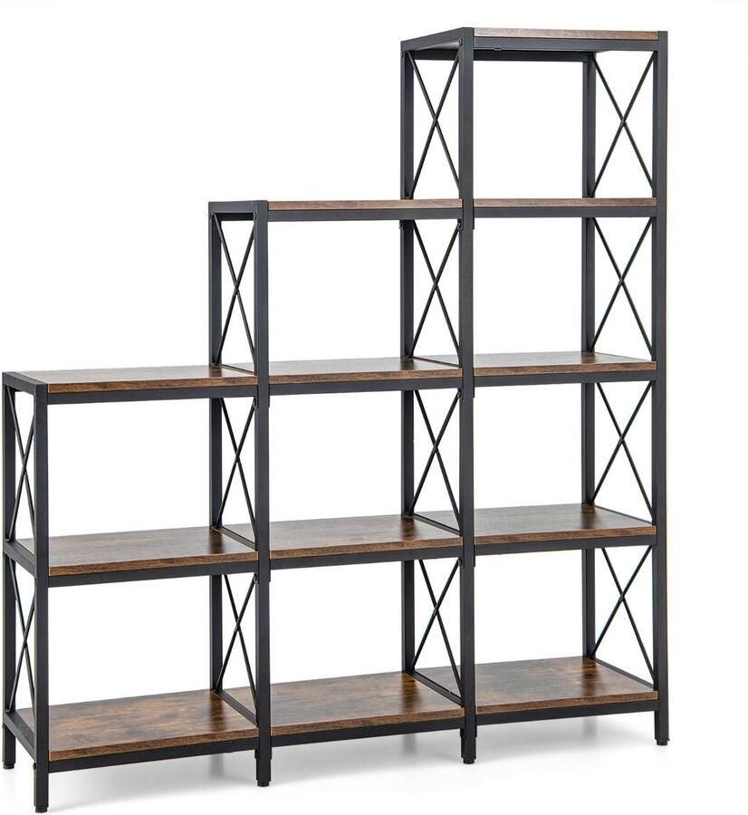 Industriële Boekenkast – 5 Lagen Opbergplank met 9 Compartimenten Stalen Frame en Anti-Kantelinrichting Rustiek Bruin