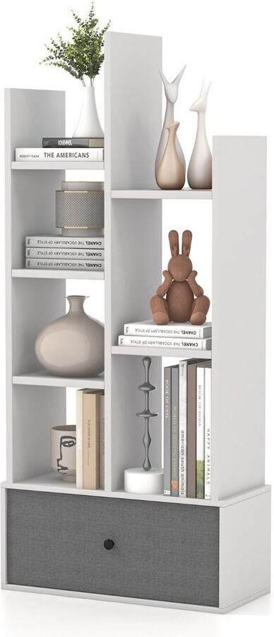 Industriële Boekenkast – 7 Niveaus met Stoffen Lade – Vrijstaande Opbergplank met Kantelbeveiliging – wit