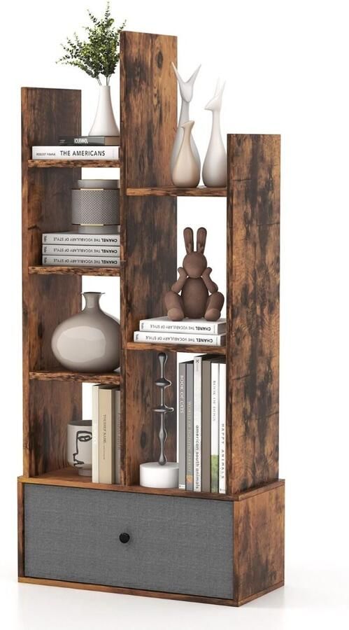 Industriële Boekenkast – 7 Niveaus met Stoffen Lade – Vrijstaande Opbergplank met Kantelbeveiliging – Bruin