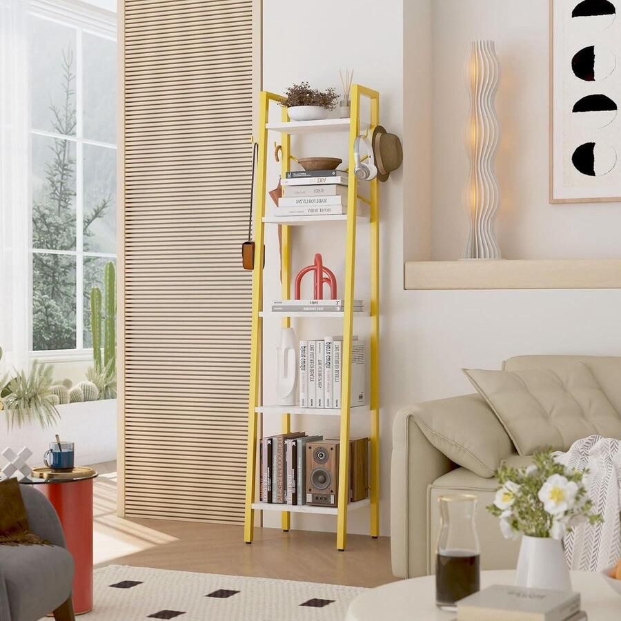 Industriële boekenkast Ladderrek 125cm 5 niveaus opbergrek Marmer wit en goud