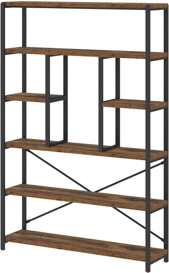 Industriële Boekenkast met 6 Niveaus – Staand Houten Rek met Metalen Frame Vintage Bruin-Zwart