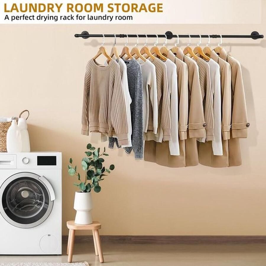 Industriële buis kledingstangen 180 cm kledingrek aan de muur rustieke kledingopslag wandrek met ruimtebesparing keukenrek met 3 bases voor winkel en huis zw