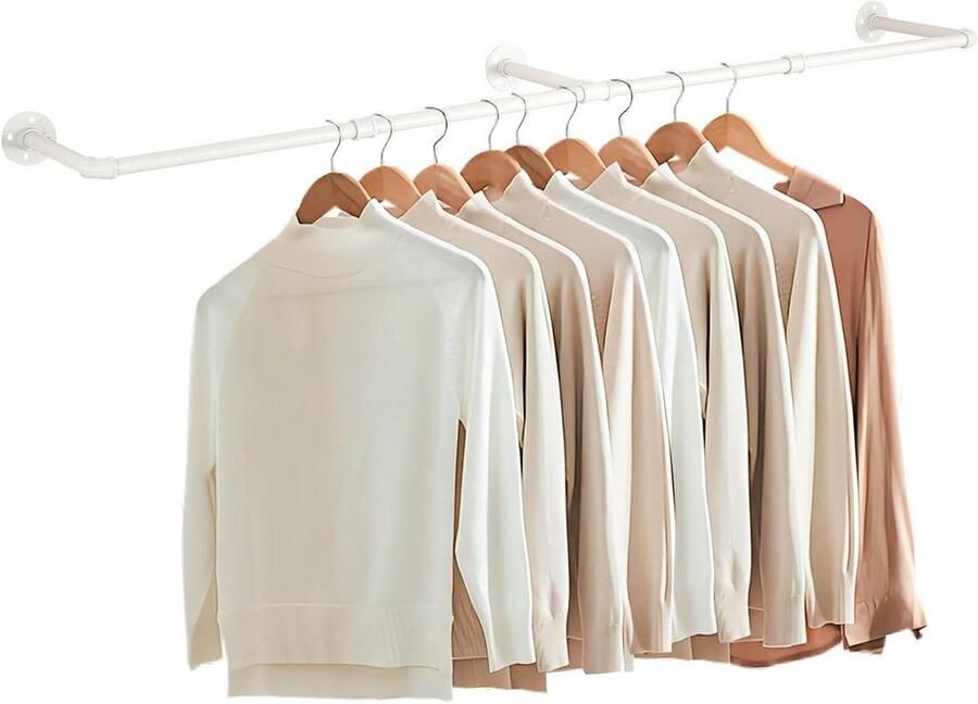 Industriële Buis Kledingstangen 180 cm Kledingrek voor Aan de Muur Rustieke Kledingopslag Ruimtebesparende Wandplank Keukenplank met 3 Onderstellen voor Wonen Crèmekleur 1-Pack