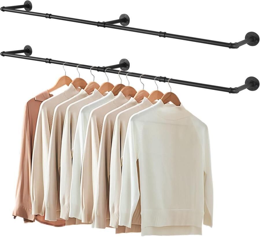 Retadou Industriële buis kledingstangen 180 cm kleerhanger voor aan de muur ruimtebesparend wandrek keukenrek met 3 bases voor winkel zwart 2 stuks