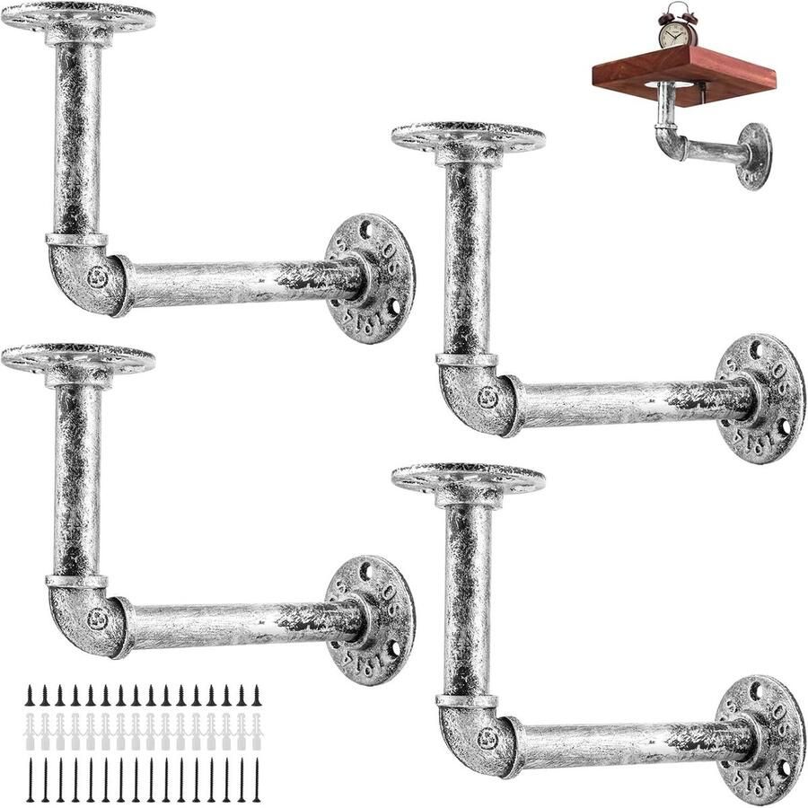 Industriële buisplankhouders vintage wandrek 4 stuks verouderd zilver 15 x 10 cm