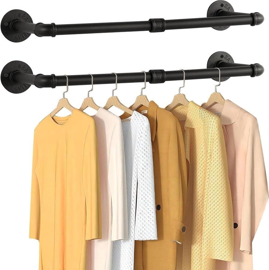 Kledingrek YMG002A-2 Industriële Pipe Clothes Rail 80cm Muur Rustieke Kleding Opslag Ruimtebesparende Wandplank Keukenplank 2 Bases Shop Woonkamer Zwart 2-Pack