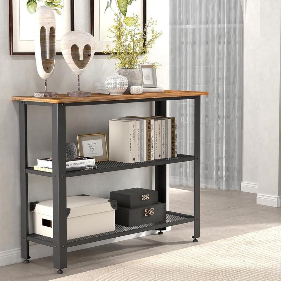 Industriële Consoletafel met 3 Niveaus Houten Bijzettafel voor Kleine Ruimtes 100 x 38 x 79 cm