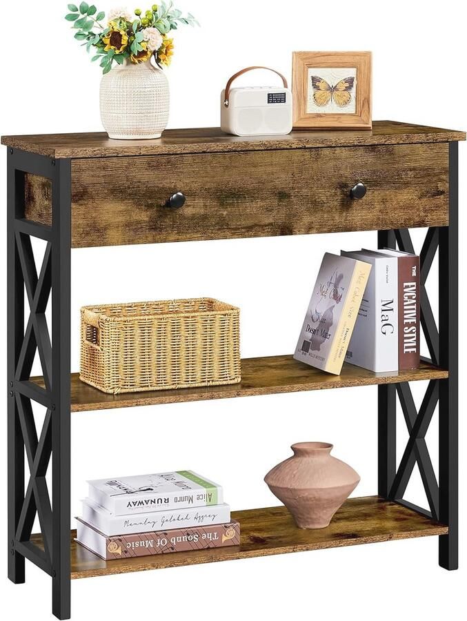 Industriële Consoletafel met Lade en Open Planken Vintage Entreetafel voor Woonkamer en Hal