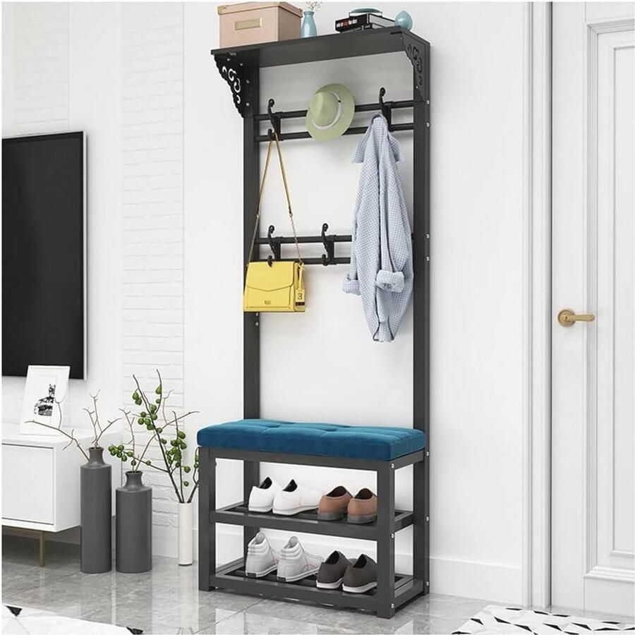 Industriële entree kapstok met schoenenbank 4 in 1 halmeubel voor jassen en schoenen