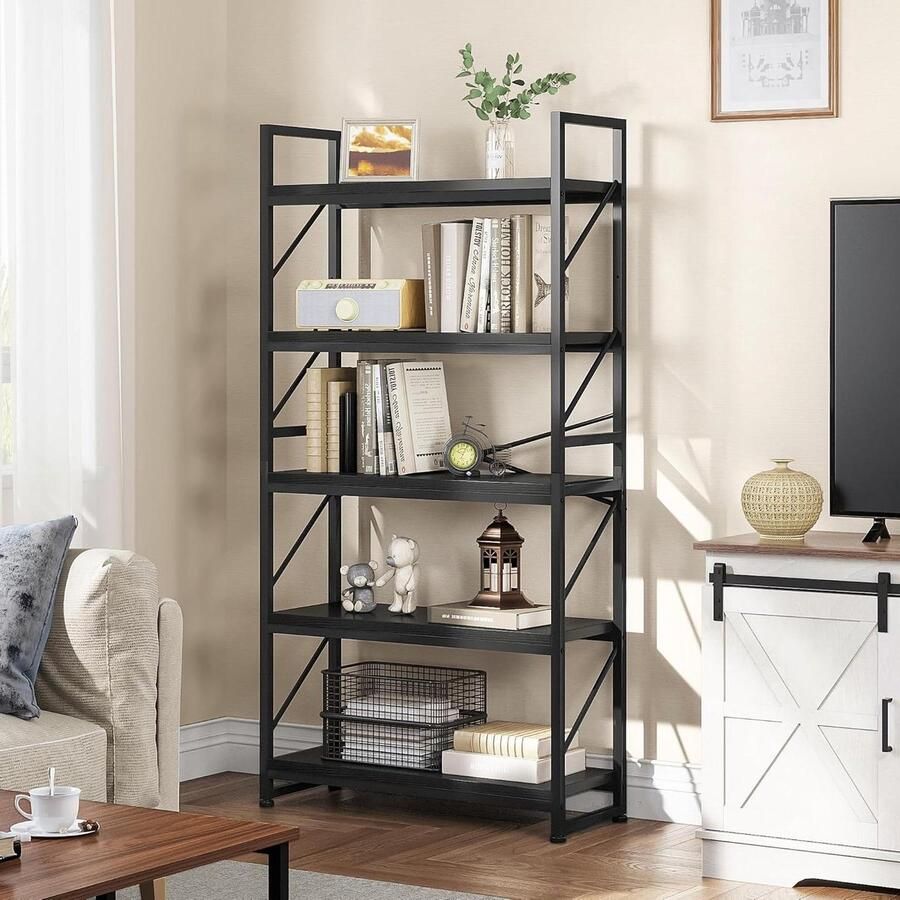 Industriële Grote Boekenkast met 5 Niveaus Houten Plank en Metalen Frame Presentatieplank voor Woonkamer en Thuiskantoor