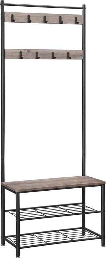Industriële Kapstok met Schoenenrek en Bank 3-in-1 Opbergoplossing voor Entree en Hal Grijs en Zwart 32 x 70 x 175 cm