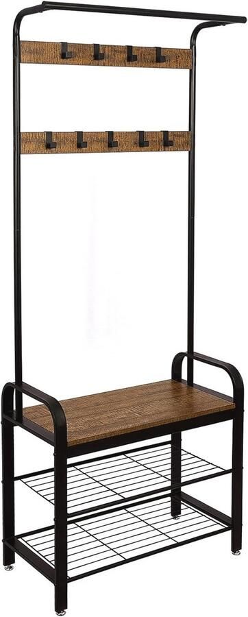 Industriële kapstok met schoenenrek en zitvlak – Vintage stijl – 9 afneembare haken – 2 roosterplanken – Perfect voor hal en gang