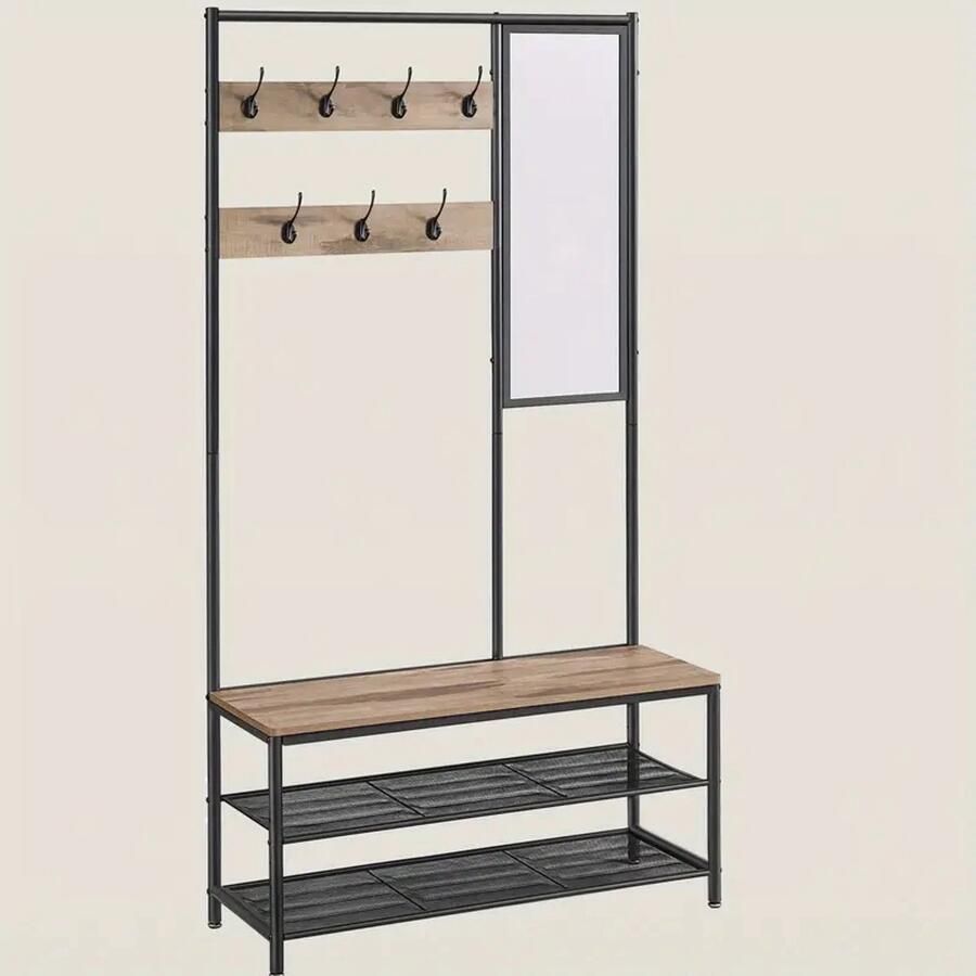 Industriële Kapstok met Spiegel – Halmeubel met Schoenenrek en Jashaken – Complete Garderobe voor de Hal