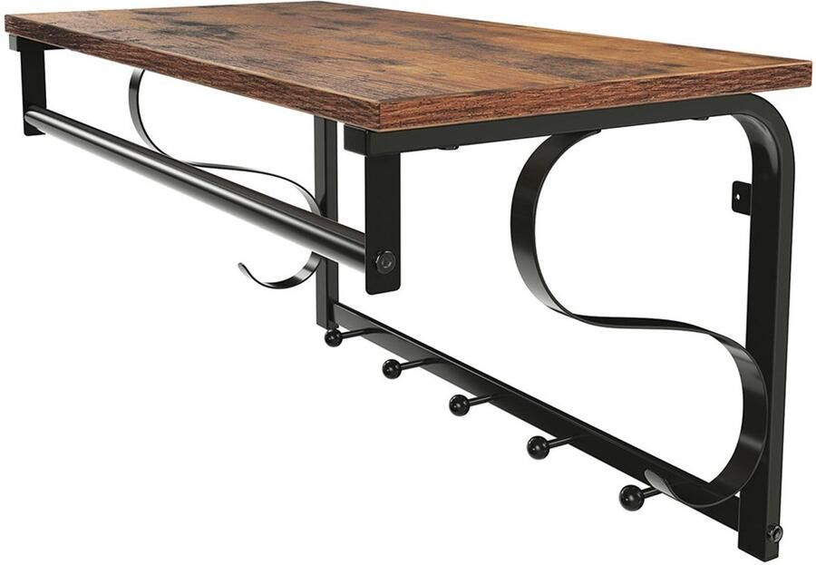 Wandgarderobe Haakplank Opbergrek Wandplank Met 5 haken en kledingstang Geschikt voor gang badkamer woonkamer en keuken 60 x 30 x 31 7 cm Bruin + zwart - Foto 2