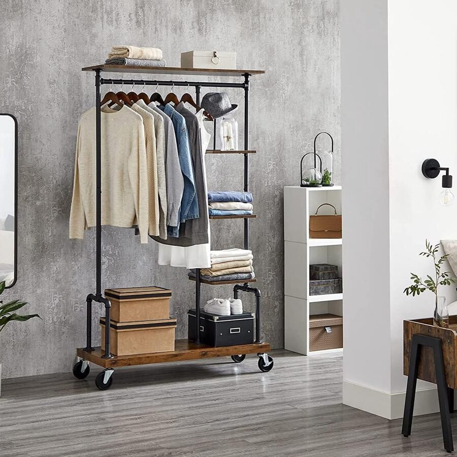 Rootz Living Rootz Industriële Kapstok Vintage Kapstok Kledingrek van ijzeren pijp Stedelijke stijl Sterke grip Organiseer uw garderobe Donkerbruin Spaanplaat 103 5 cm x 40 cm x 174 5 cm