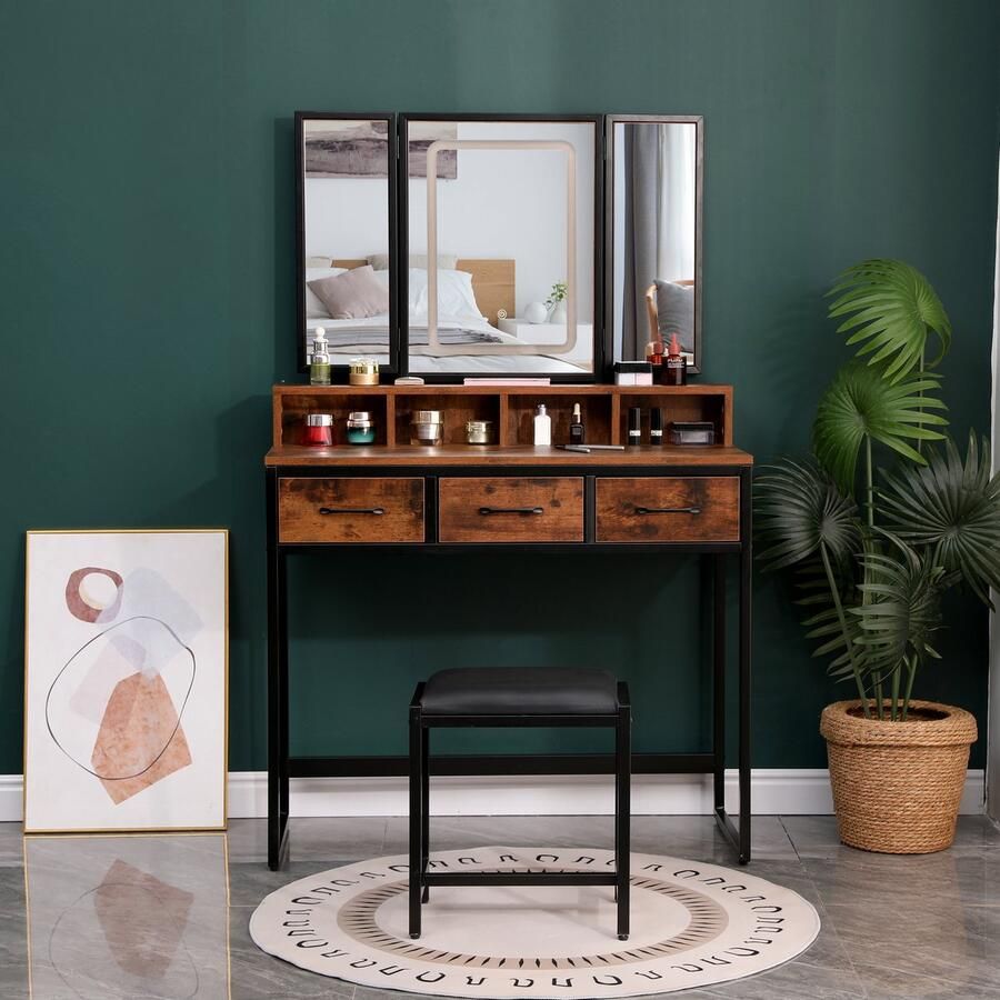 Industriële Kaptafel Met Spiegel en LED Verlichting Make Up Spiegel Make Up Organizer Met Sieradendoos Incl Krukje