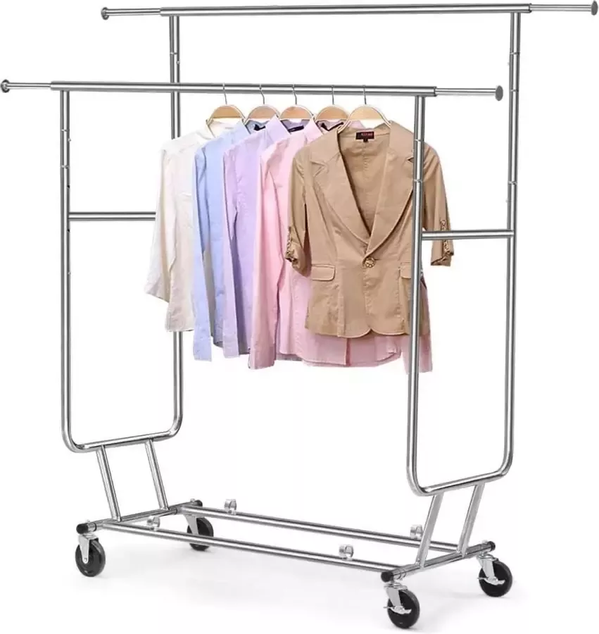 Industriële kledingrek op wieltjes 130 kg stabiel 2 kledingstangen wasrek lang verstelbaar in hoogte verstelbaar inklapbaar