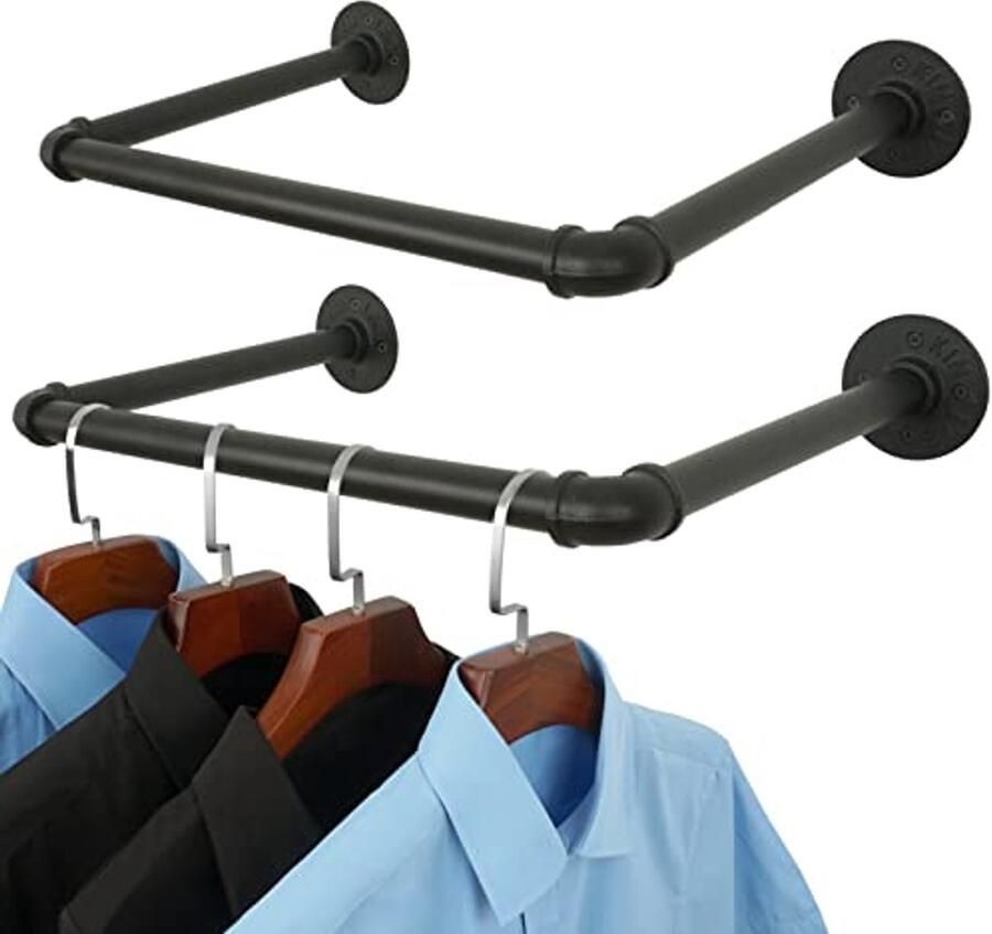 Industriële Kledingrek Wandgemonteerd 52cm DIY Zwart IJzeren Pijprek 2 Stuks