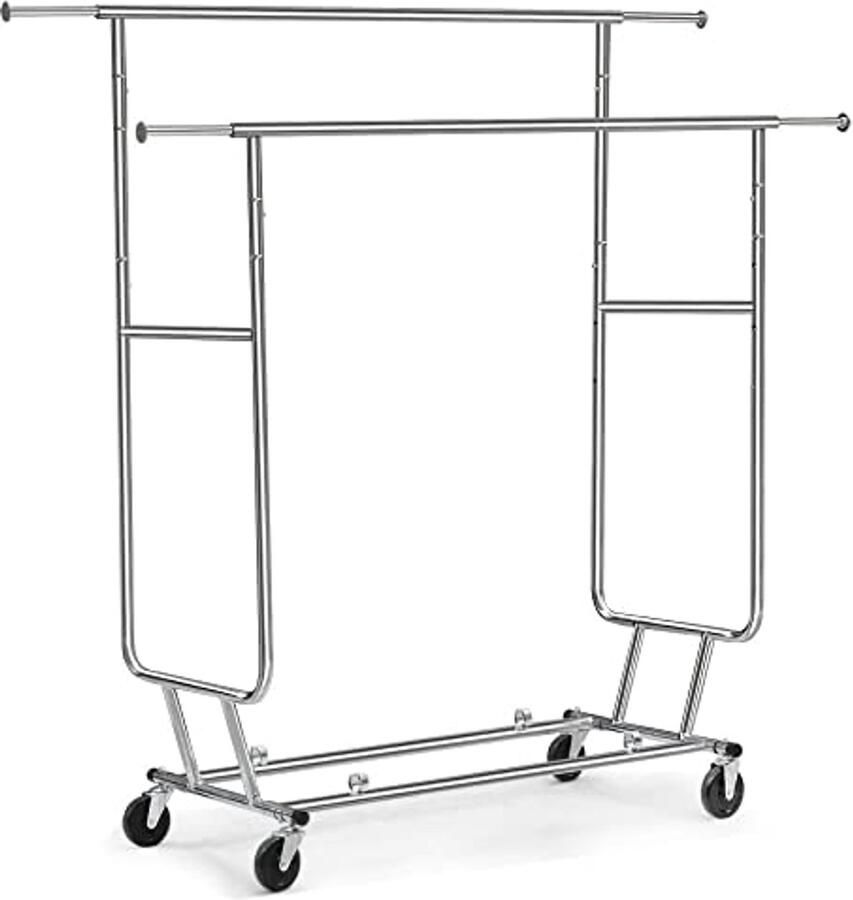 Industriële kledingstandaard op wielen In hoogte verstelbaar en inklapbaar met dubbele kledingstangen