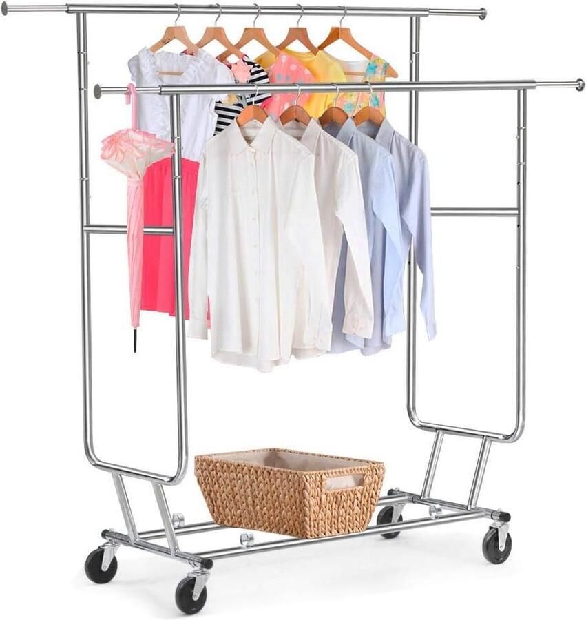 Industriële Kledingstandaard op Wielen Uittrekbaar en Inklapbaar Tot 130 kg Laadvermogen