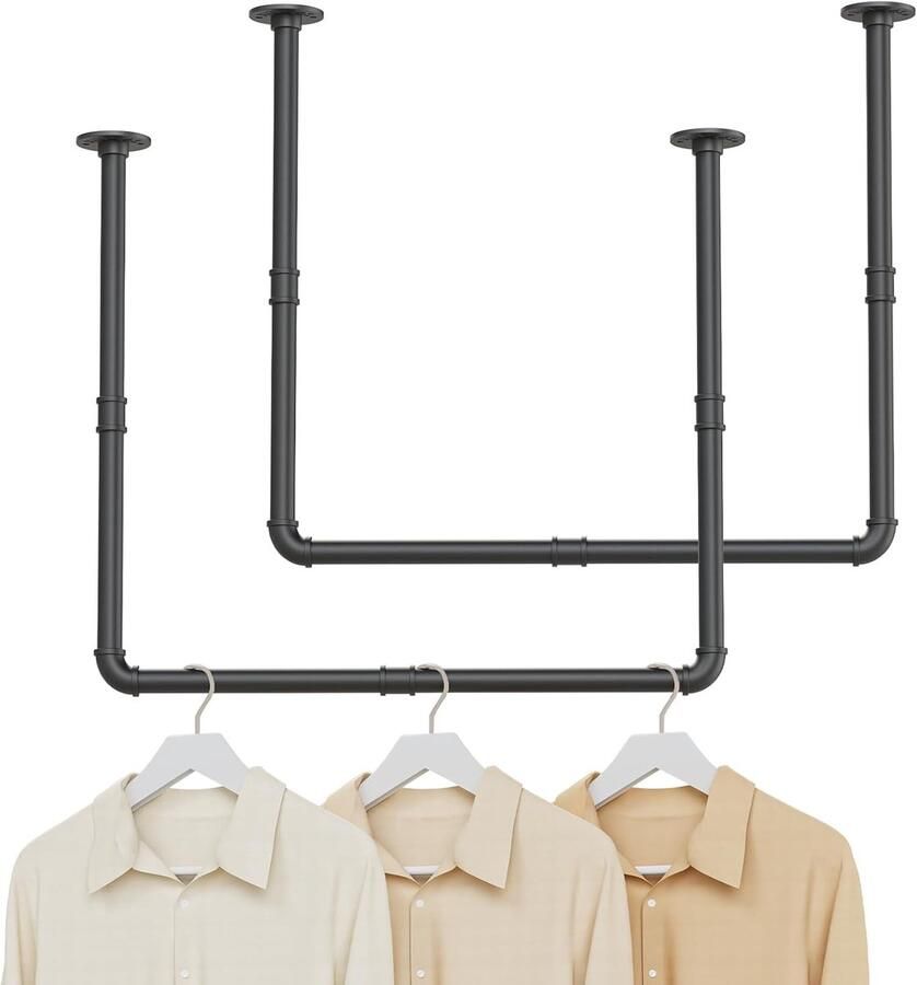 Industriële kledingstang – wand- of plafondmontage – 2 stuks – zwart – 120 cm & 69 x 60 cm