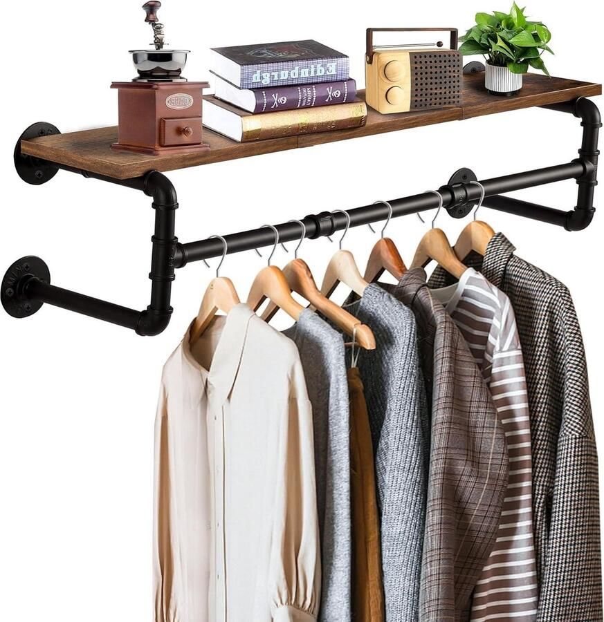 Industriële Kledingstang Wandkapstok met Plank Ruimtebesparende Wandplank Woonkamer Slaapkamer 105x25x26cm Zwart