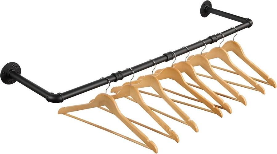 Kledingrek 100 cm industriële buizen metalen garderobestang wandmontage afneembaar zwart hal 30 kg belastbaar