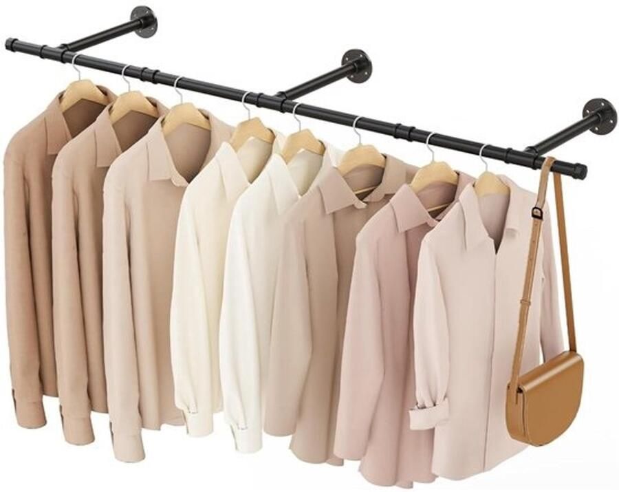 Retadou Industriële kledingstangen 150 cm kledingstang wandmontage ruimtebesparende garderobe keukenrek eenvoudige montage wandhouder zwart