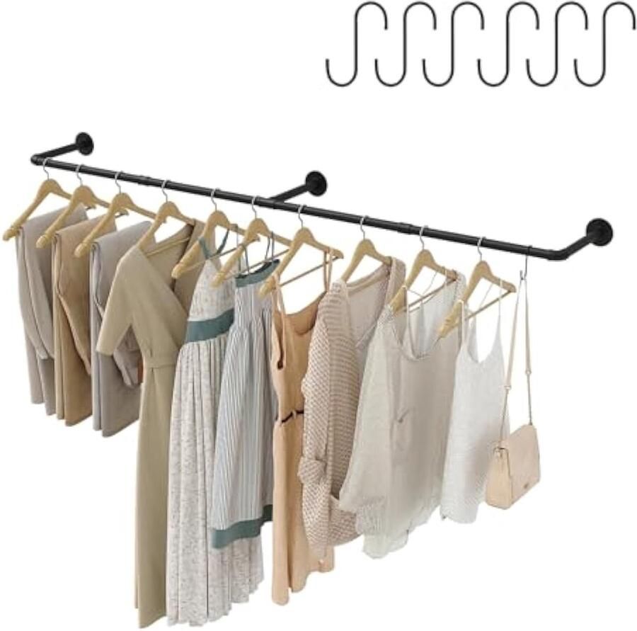 Industriële kledingstangen 180 cm kledingstandaard wandmontage ruimtebesparend robuust afneembare retro garderobestangen van metaal zwart kledingstandaard voor aan de muur