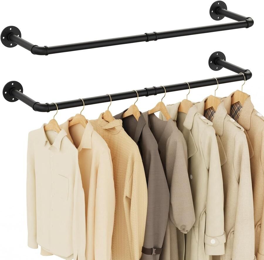 Industriële Kledingstangen Ruimtebesparend Wandrek 2 Stuks Zwart
