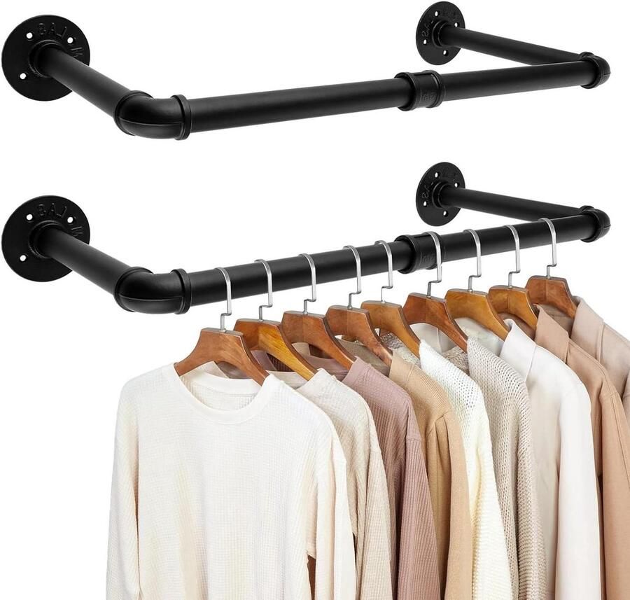 Industriële kledingstangen voor muur wandmontage set van 2 zwart metaal