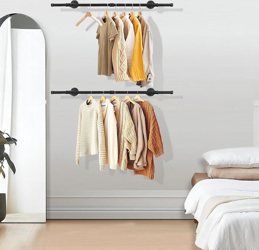 Industriële kleerhangers 112 cm wandgarderobe voor industriële buizen hangende stang aan de muur van metaal voor het opbergen van kleding zwart 2 stuks