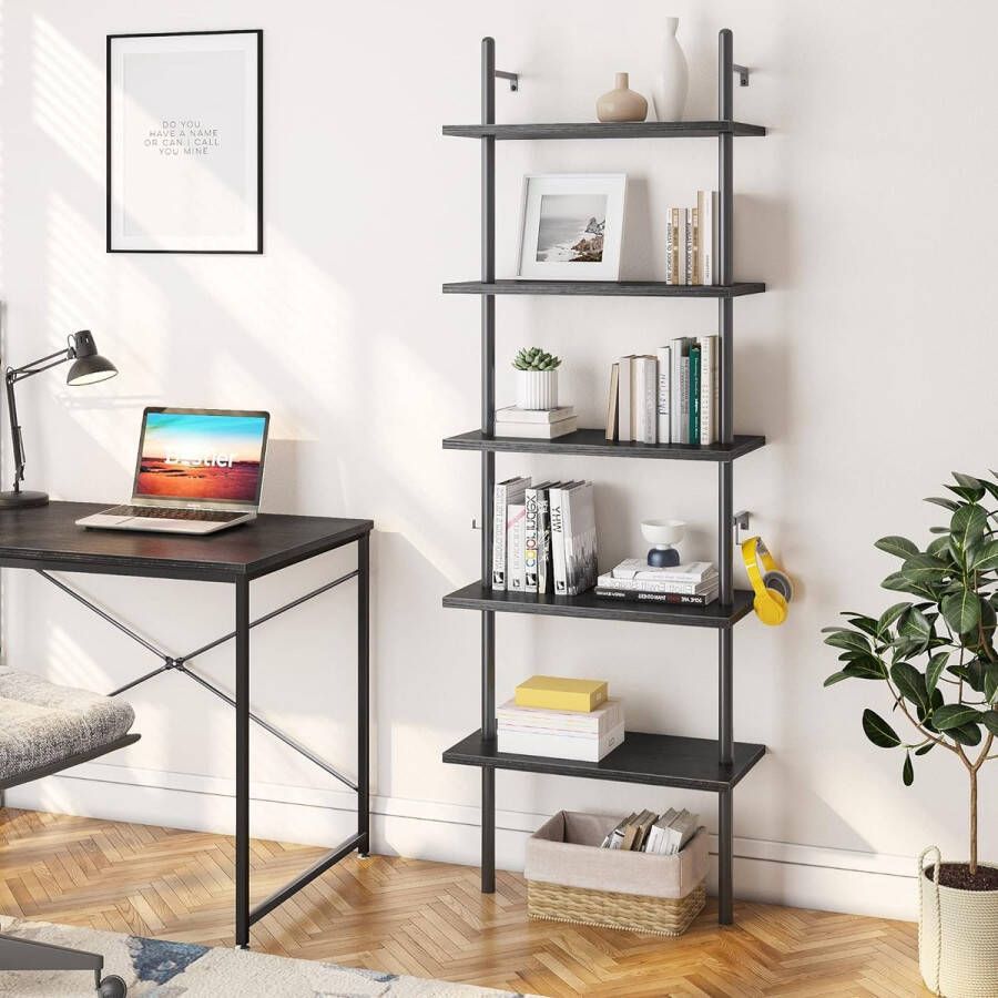 Industriële ladderplank 5-laags boekenkast 180 cm opbergeenheid met metalen frame zwevende wandplank voor woonkamer kantoor slaapkamer