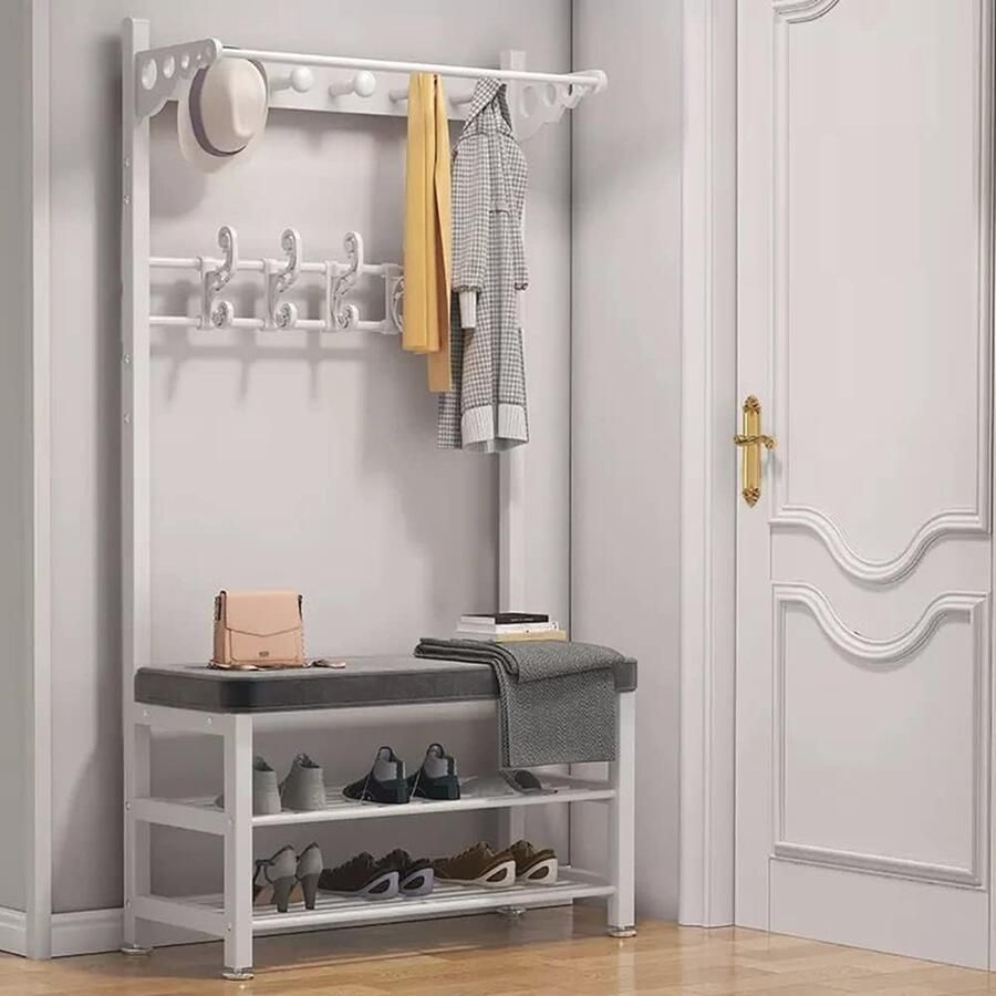 Industriële metalen kapstok met schoenenrek en bank – Vrijstaand en eenvoudig te monteren voor hal woonkamer of slaapkamer
